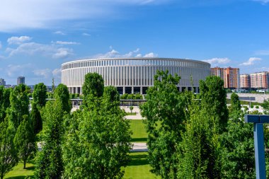 Krasnodar, Rusya 2 Temmuz 2023: Krasnodar futbol stadyumu, Krasnodar veya Galitsky parkı yaz günü.
