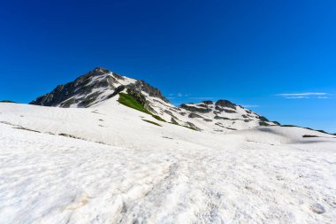 Tropikal ormandaki dağların tepesindeki kar yığınları ve yeşil çimenler. Dağlar ve çayırlar.