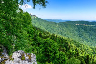 Çiçekli çayırlar ve karla kaplı dağlık tepeleri olan kayan tepelerin manzaralı panoramik manzarası. Güzel güneşli bir gün mavi gökyüzü ve baharda bulutlar.