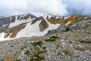 Çiçekli çayırlar ve karla kaplı dağlık tepeleri olan kayan tepelerin manzaralı panoramik manzarası. Güzel güneşli bir gün mavi gökyüzü ve baharda bulutlar.