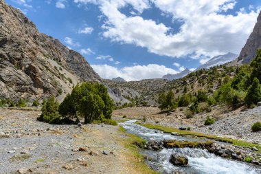 Tacikistan dağlarında fırtınalı bir nehir. Fan Dağları.