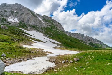 Çiçekli çayırlar ve karla kaplı dağlık tepeleri olan kayan tepelerin manzaralı panoramik manzarası. Güzel güneşli bir gün mavi gökyüzü ve baharda bulutlar.