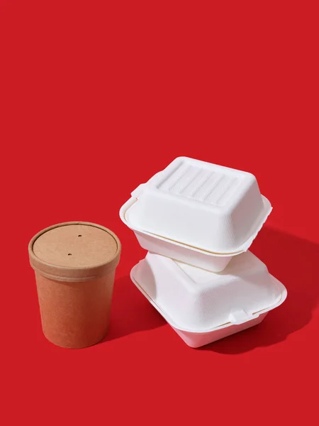 Lebensmittelverpackungen Zum Mitnehmen Schachteln Und Behälter Auf Buntem Hintergrund Mit — Stockfoto
