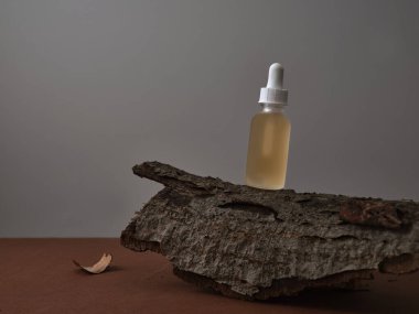 Boş cilt bakımı ürünü şişesi, gri arka planda ahşap deco serumu. Güzellik ürünüyle yaratıcı bir hayat..