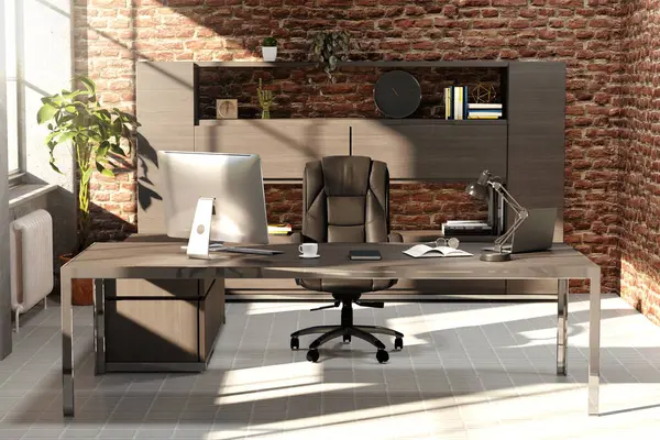 Modern loft office interior with furniture, industrial style, 3D rendering.
