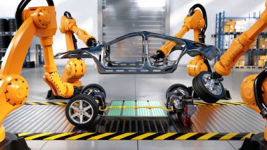 Akü hücreleri ve endüstriyel robotik kolları olan elektrikli araba fabrikasında montaj hattı..