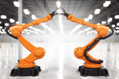 Robot kollar birbirine dokunuyor, endüstriyel arka planda 3D görüntüleme..