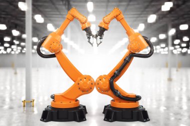 Robot kollar birbirine dokunuyor, endüstriyel arka planda 3D görüntüleme..