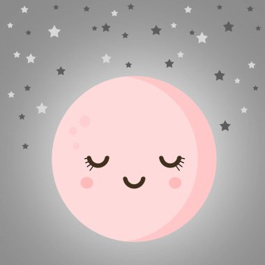 Gri arkaplanda yıldızlar olan güzel, pembe, yuvarlak ay.