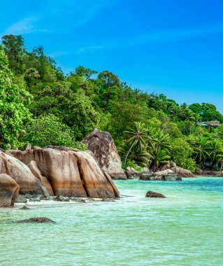 Mavi gökyüzünün altındaki Anse Citron. Praslin Adası, Seyşeller