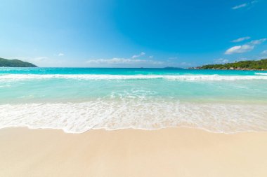 Anse Lazio sahilinde kristal berrak su. Praslin Adası, Seyşeller