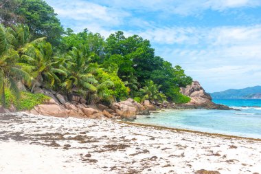 Bulutlu bir gökyüzünün altında Anse Ciddi plajı. Seyşeller 'deki La Digue Adası
