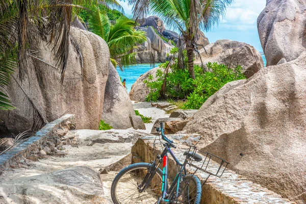 Bicicleta Estacionada Junto Mar Anse Source Argent Ilha Digue Seychelles Imagens Royalty-Free