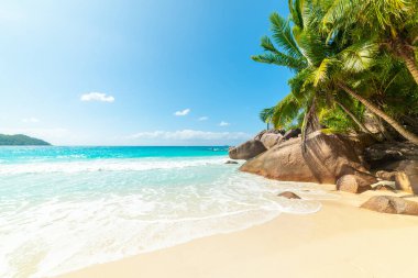 Anse Lazio sahilinde turkuaz su. Praslin Adası, Seyşeller