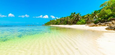 Anse Forbans plajında beyaz kum ve turkuaz su. Mahe Adası, Seyşeller