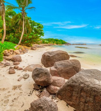 Anse Teselli 'de granit kayalar ve beyaz kum. Praslin Adası, Seyşeller