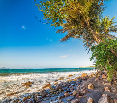 Guadeloupe Grande Anse plajkayalar ve koyu kum, Fransız batı hint adaları. Küçük Antiller, Karayip denizi