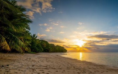 Praslin adasında renkli bir gün batımı. Seyşeller