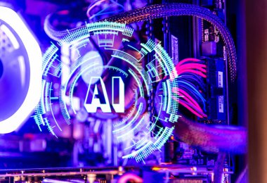 Önplanda yapay zeka hologram logosu olan bir masaüstü bilgisayarının bilgisayar kabloları