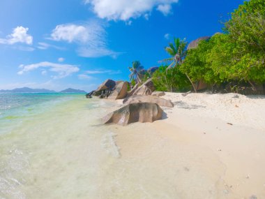 Güneşli bir günde tropik sahil kıyısı. Seyşeller