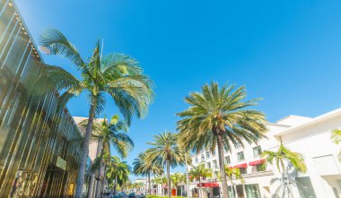 Güneşli bir günde Beverly Hills 'te dünyaca ünlü Rodeo Drive. Los Angeles, Kaliforniya, ABD