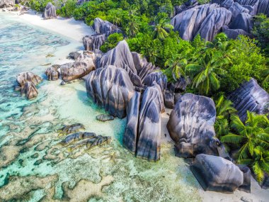 Aerial view of world famous Anse Source d'argent beach. Seychelles, Indian Ocean clipart