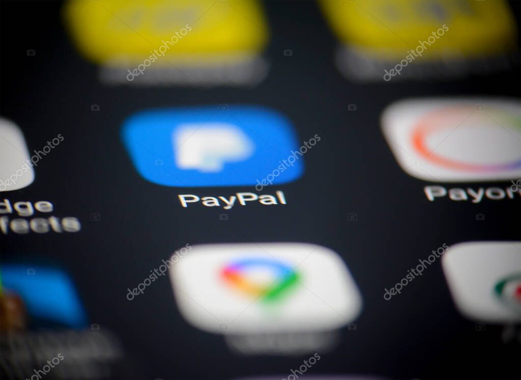 Alghero, ITA - Feb 27, 2016: macro view of Paypal app in a smartphone screen