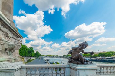 Alexander III, bulutlu bir gökyüzünün altındaki Seine nehri üzerinde köprü. Paris, Fransa