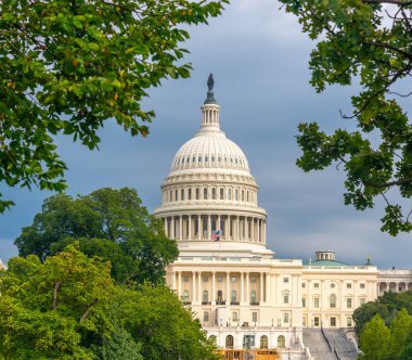 Birleşik Devletler Kongre Binası yeşil yaprakların arasından görünen bulutlu bir gökyüzü altında. Washington D.C., ABD