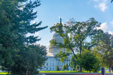 Birleşik Devletler Kongre Binası mavi gökyüzünün altında. Washington D.C., ABD