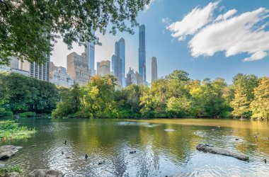 Bulutlu bir günde arka planında Manhattan gökdelenleri olan Central Park. New York City, ABD
