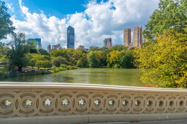 Central Park 'taki göl, Manhattan' daki Bow Köprüsü 'nden görüldü. New York City, ABD