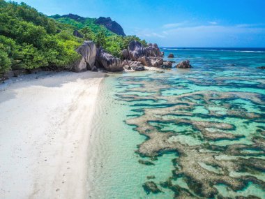 Seyşeller 'deki Anse Source d' Argent mercan resifinin ve beyaz kumların hava görüntüsü. Hint Okyanusu, Afrika