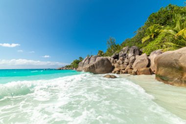 Tropik bir sahilde granit kayalar ve palmiyeler. Anse Lazio Plajı, Praslin Adası, Seyşeller, Afrika, Hint Okyanusu