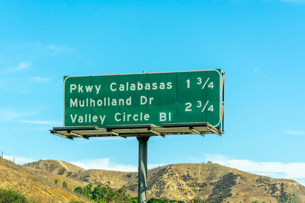Calabasas and Mulholland Drive sign in California, USA