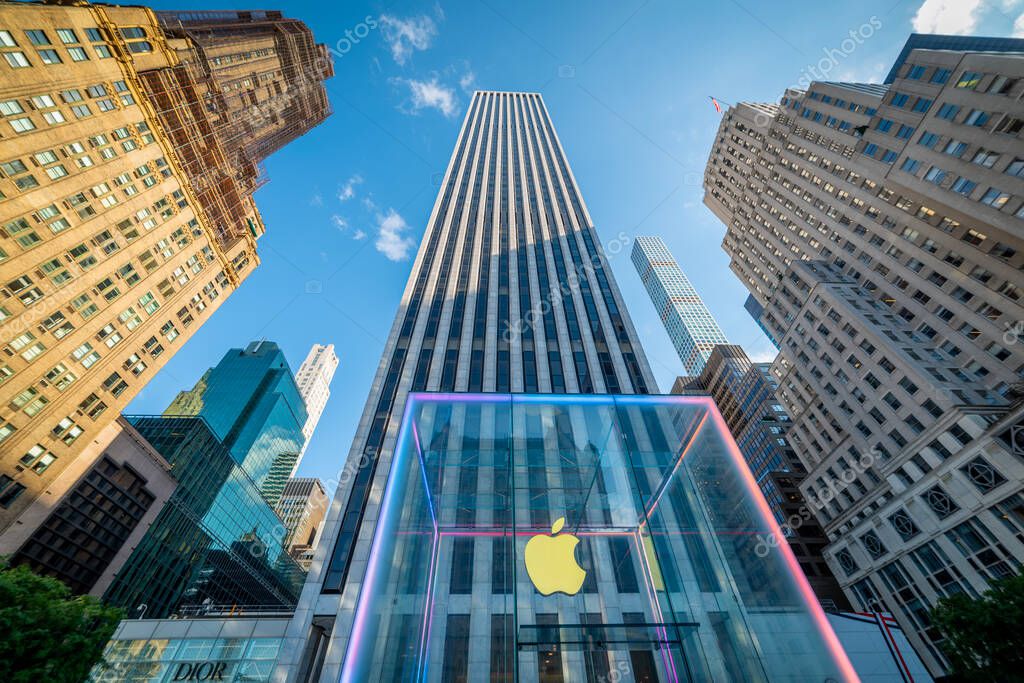 New York, USA - October 07, 2024: Apple Store and skyscrapers in 5th avenue in Manhattan