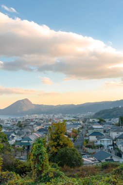 Sunset view of Beppu city and sea in Oita, Japan