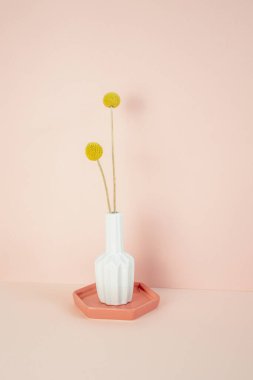 Sarı Craspedia altın top çiçeği vazosu pembe masada. Pembe duvar arka planı. Boşluğu kopyala