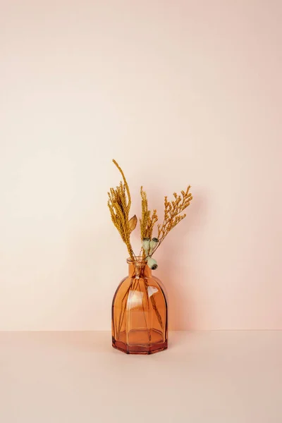 Коричневая Стеклянная Ваза Сухого Цветка Розовом Столе Розовый Фон Стены — стоковое фото