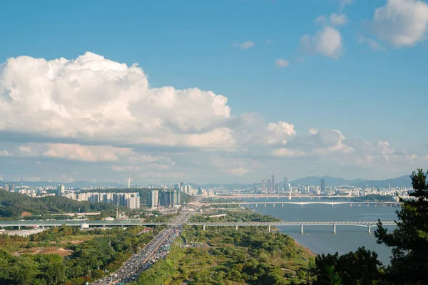 stock image Panoramic view of Seoul city and Han river from Haengjusanseong Fortress in Goyang, Korea