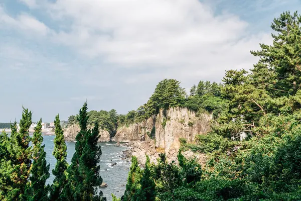 Jeju Adası, Kore 'deki Seogwipo Jeongbang Şelalesi ve deniz manzarası