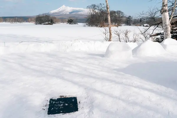 stock image Hokkaido, Japan - February 12, 2024 : A thousand winds monument with winter snow at Onuma Quasi-National Park