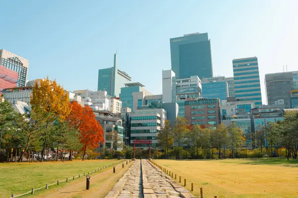 stock image Seoul, Korea - November 16, 2021 : Seolleung and Jeongneung Royal Tombs and urban buildings view