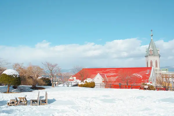 stock image Hakodate Motomachi Church with winter snow in Hokkaido, Japan