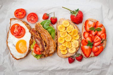 Fruit, bread, coffee and eggs in the morning.