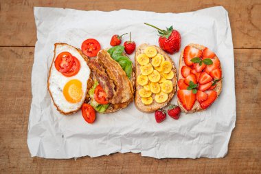 Fruit, bread, coffee and eggs in the morning.