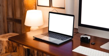Desk computer on the desk mock up ,Workspace with mock up computer screen