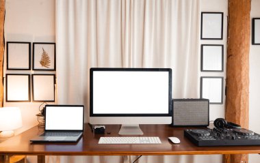Desk computer on the desk mock up ,Workspace with mock up computer screen