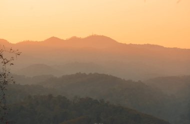 The sunset on the hill and the evening orange light summer