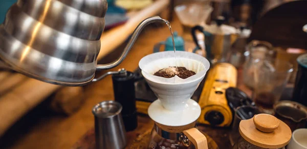 Closeup Hands Barista Make Coffee Drip Coffee — Photo